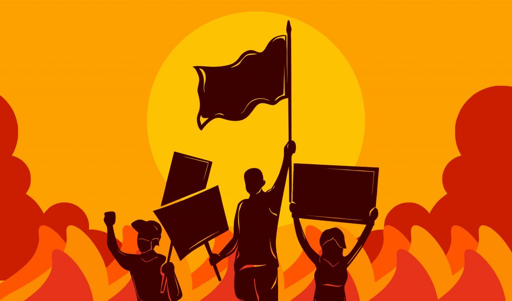 Vector illustration of People Protesting and demonstrate to bring justice  with holding flag and sign and chaotic fire and smoke riot in the  background — The James G. Martin Center for Academic